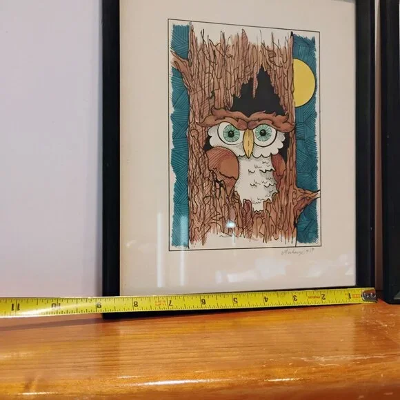 Vtg Set of 2 Whimsical Owl Art Prints Artisan Signed Michaux HIP 1976 - Picture 8 of 10